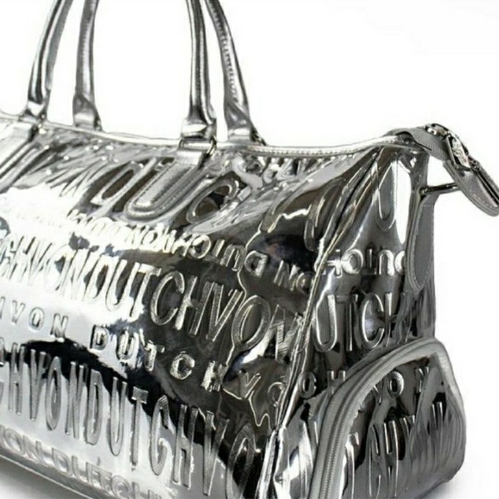 NWT! Von Dutch Metallic Silver Mirrored Weekender Gym Duffel Bag (Retail $379) - Picture 4 of 16
